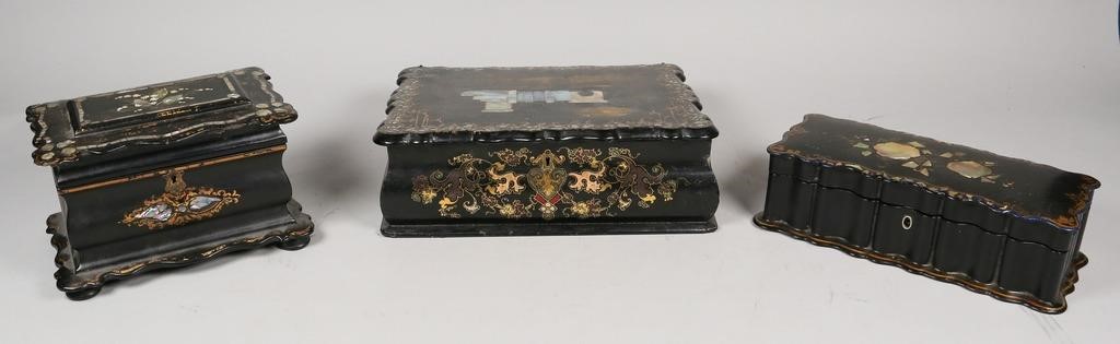 3 VICTORIAN PAPIER MACHE LACQUERED