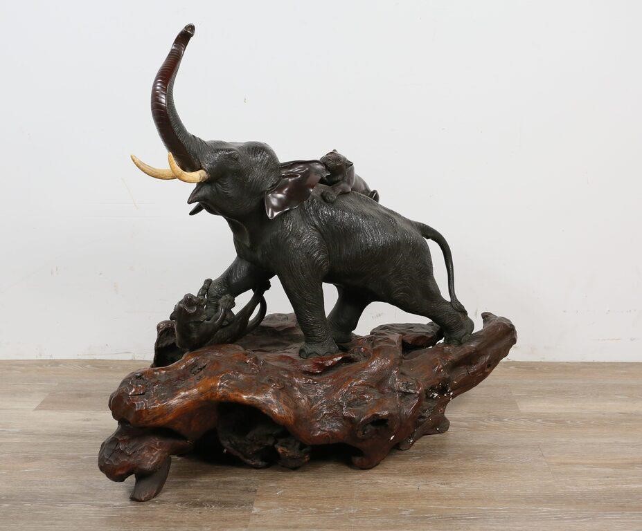 JAPANESE BRONZE ELEPHANT WITH TIGERSPatinated 34202d