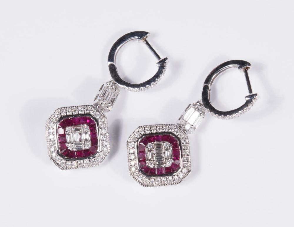 PAIR OF DIAMOND AND RUBY DANGLE