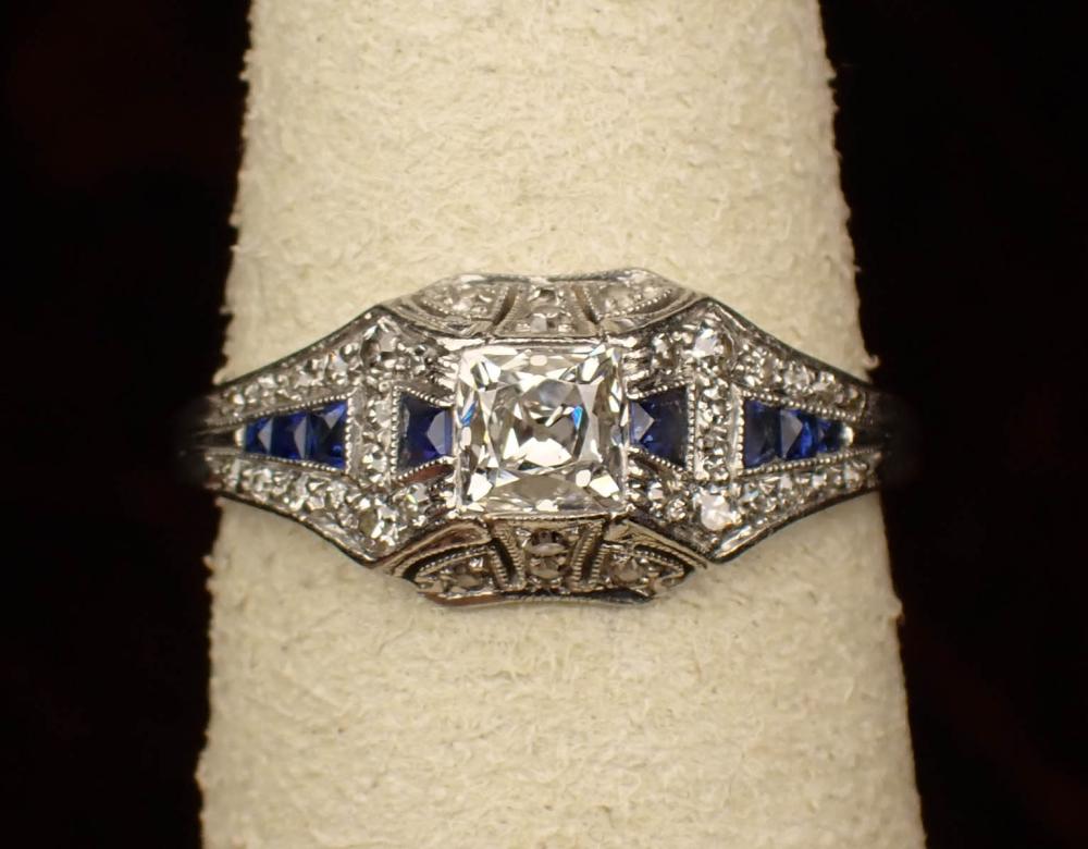 ANTIQUE DIAMOND, SAPPHIRE AND PLATINUM