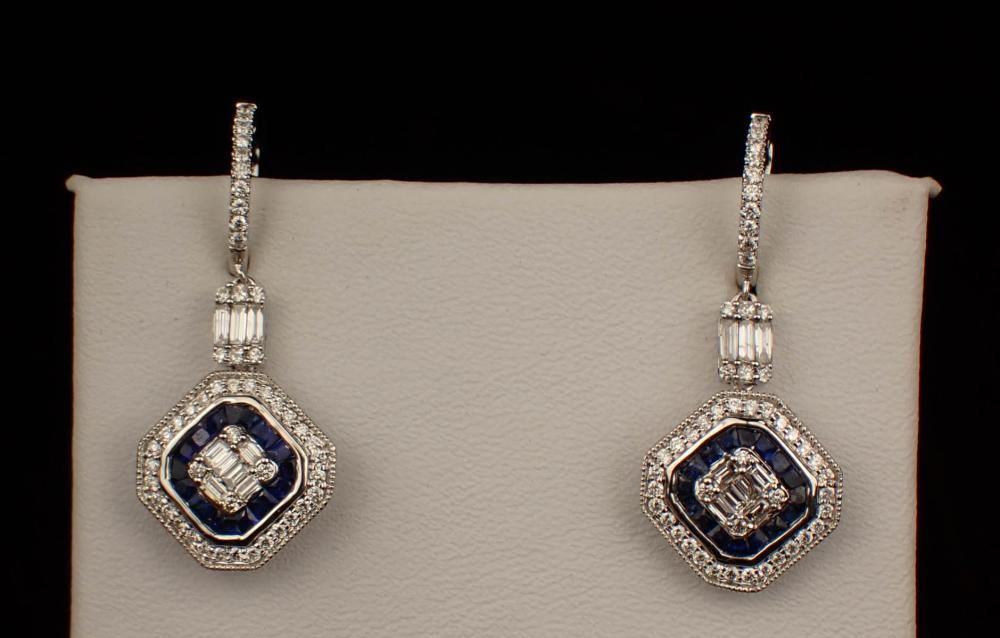 PAIR OF DIAMOND AND SAPPHIRE DANGLE