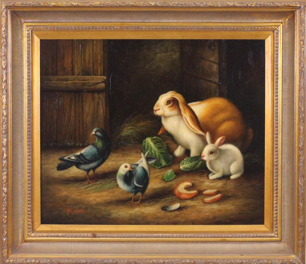 OIL ON CANVAS, RABBITS AND PIGEONSOIL