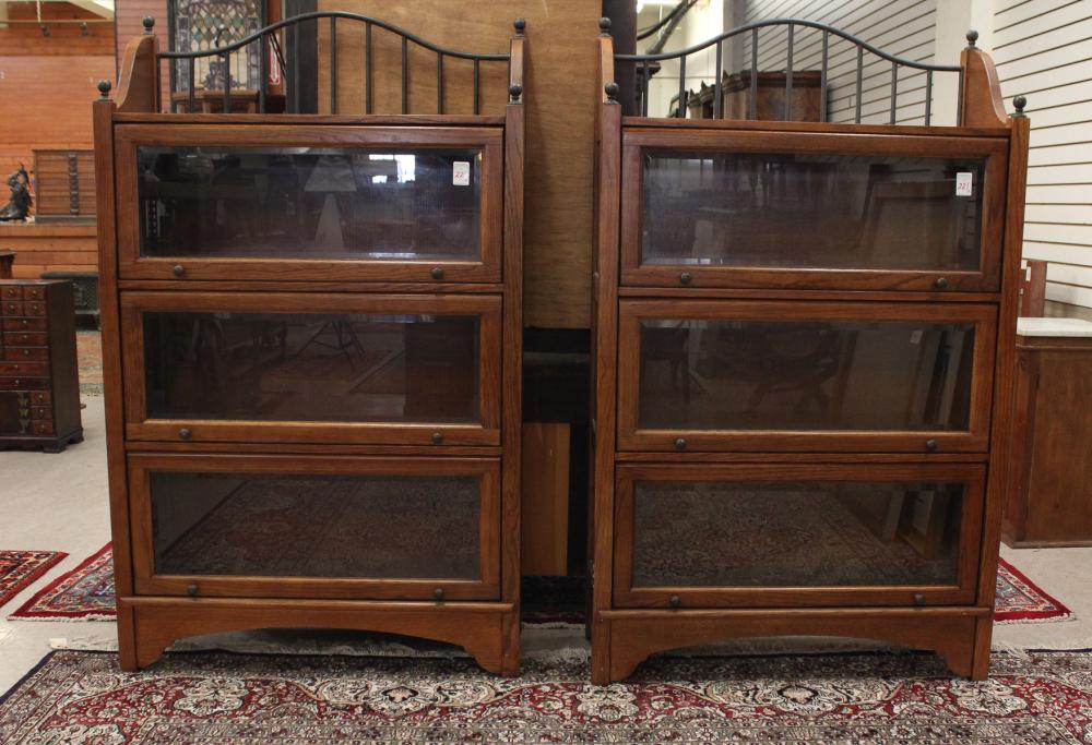 A MODERN PAIR OF STACKING OAK BOOKCASESA