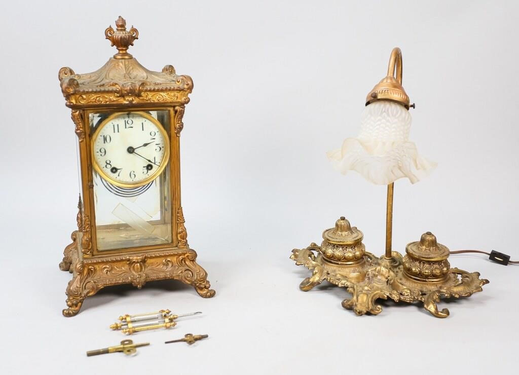 GILT METAL CLOCK AND INKWELLAnsonia