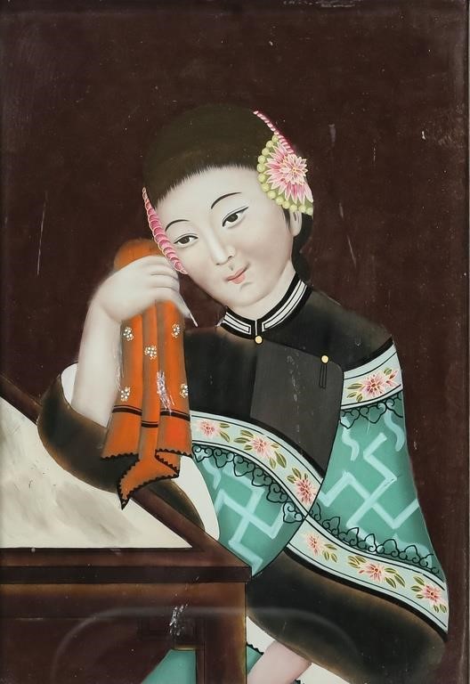 REVERSE GLASS PAINTING OF A WOMANAsian