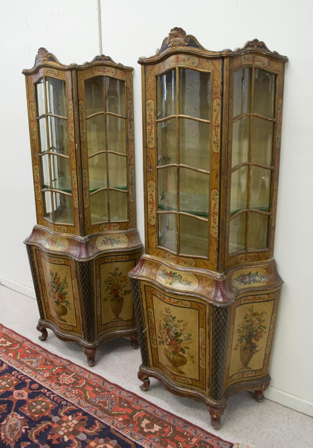 PAIR OF VENETIAN CURIO CABINETS ON CABINETSPAIR