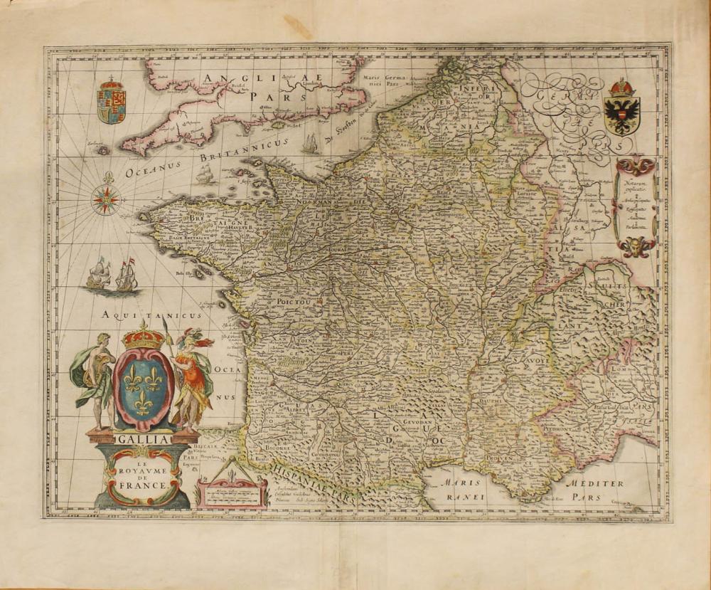 HAND COLORED MAP OF FRANCE ON LAID
