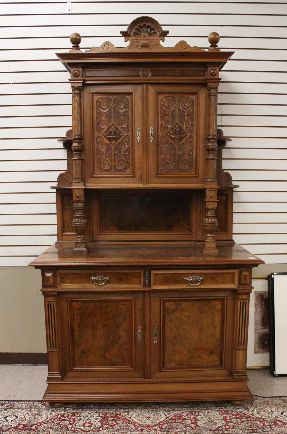 CARVED WALNUT AND BURL WALNUT SIDEBOARDCARVED