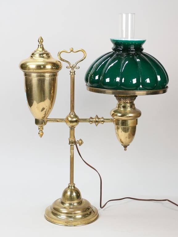 BRASS STUDENT LAMP WITH GREEN GLASS 342450