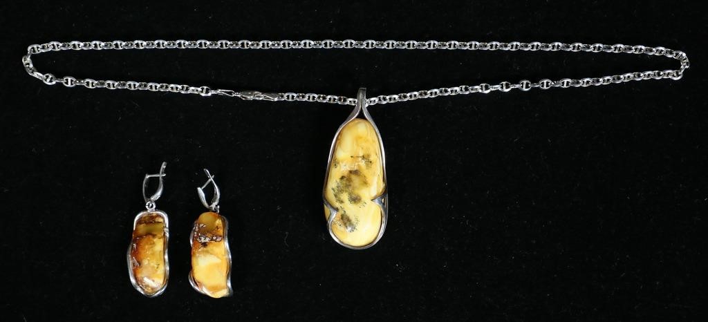 STERLING AMBER NECKLACE EARRING 34248a