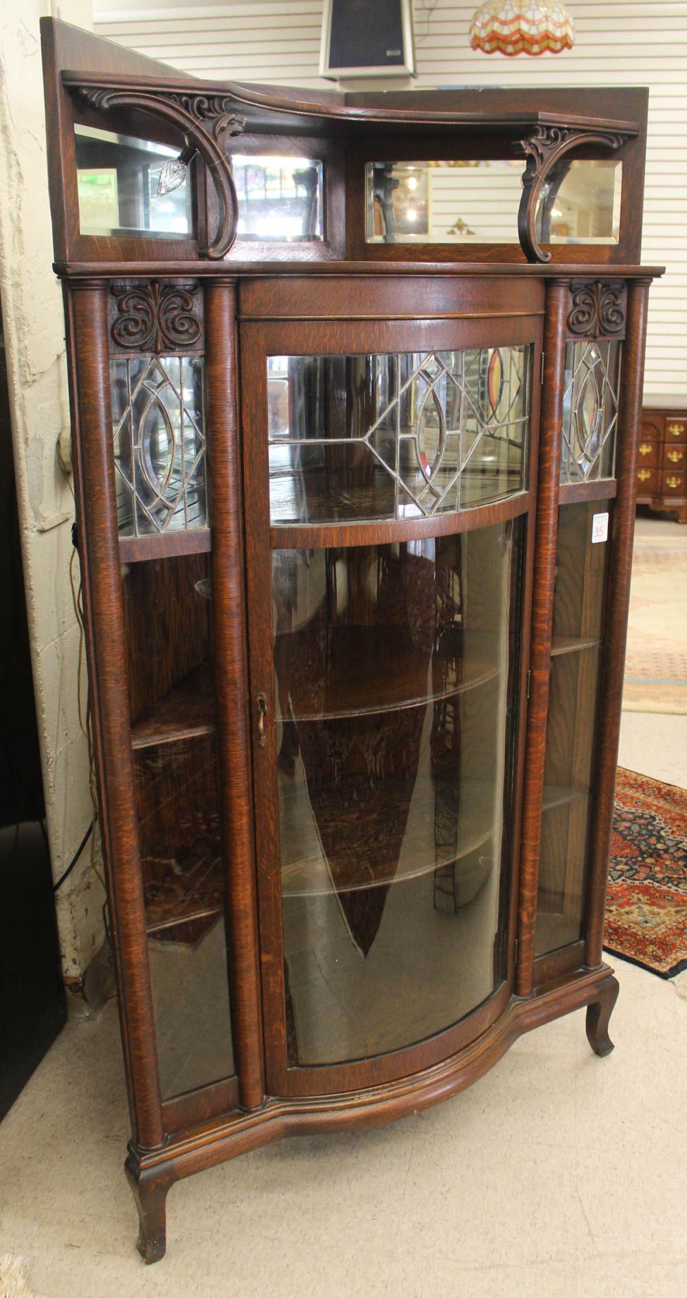 OAK, CURVED AND LEADED GLASS CORNER