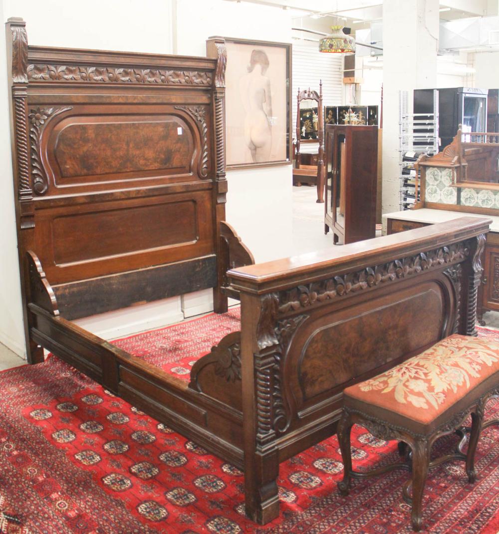 CARVED WALNUT AND BURL WALNUT BEDSTEADCARVED