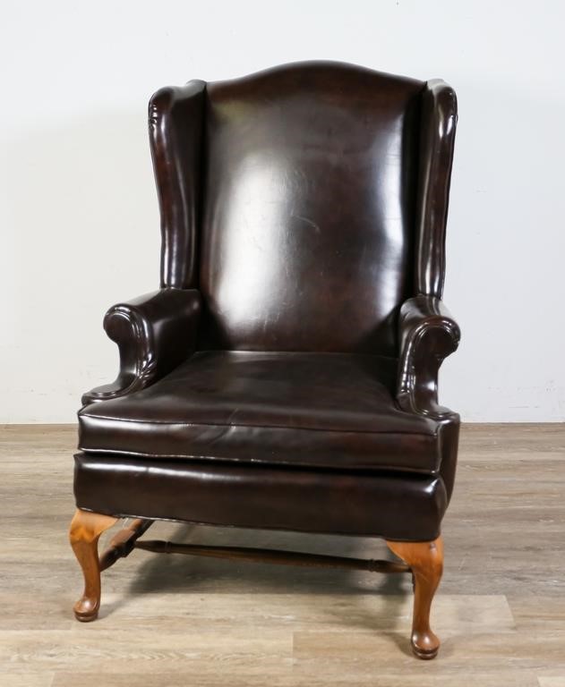 QUEEN ANNE STYLE LEATHER WING CHAIRQueen