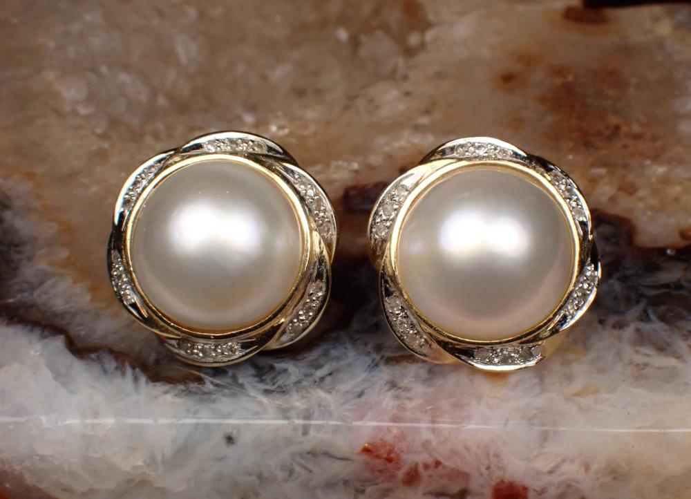 PAIR OF MABE PEARL, DIAMOND AND