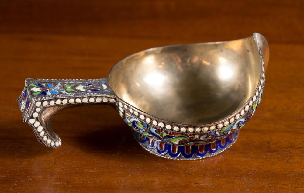 RUSSIAN ENAMELED SILVER KOVSHRUSSIAN