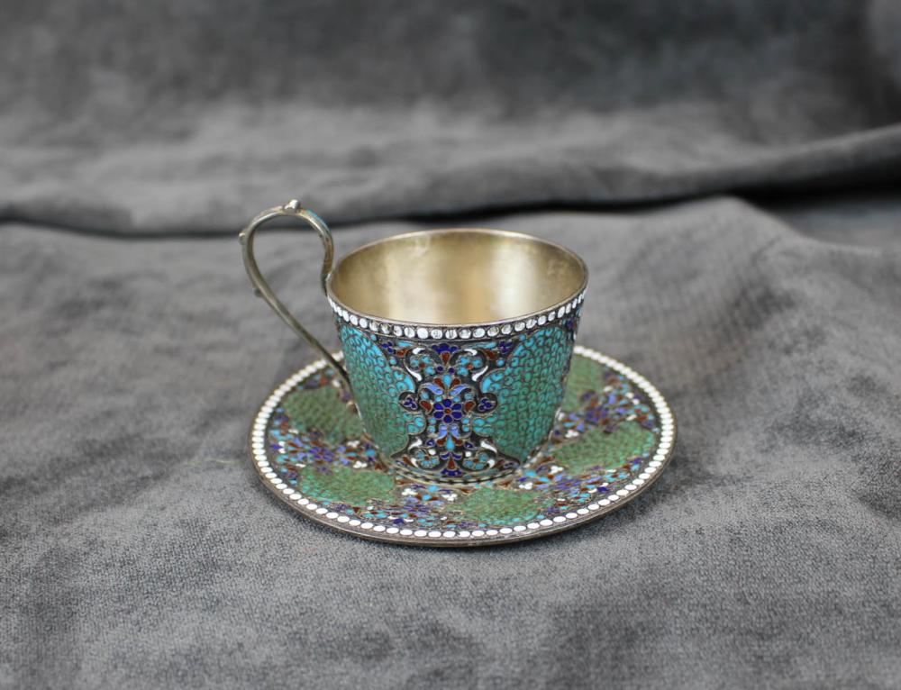 RUSSIAN ENAMELED SILVER TEA CUP