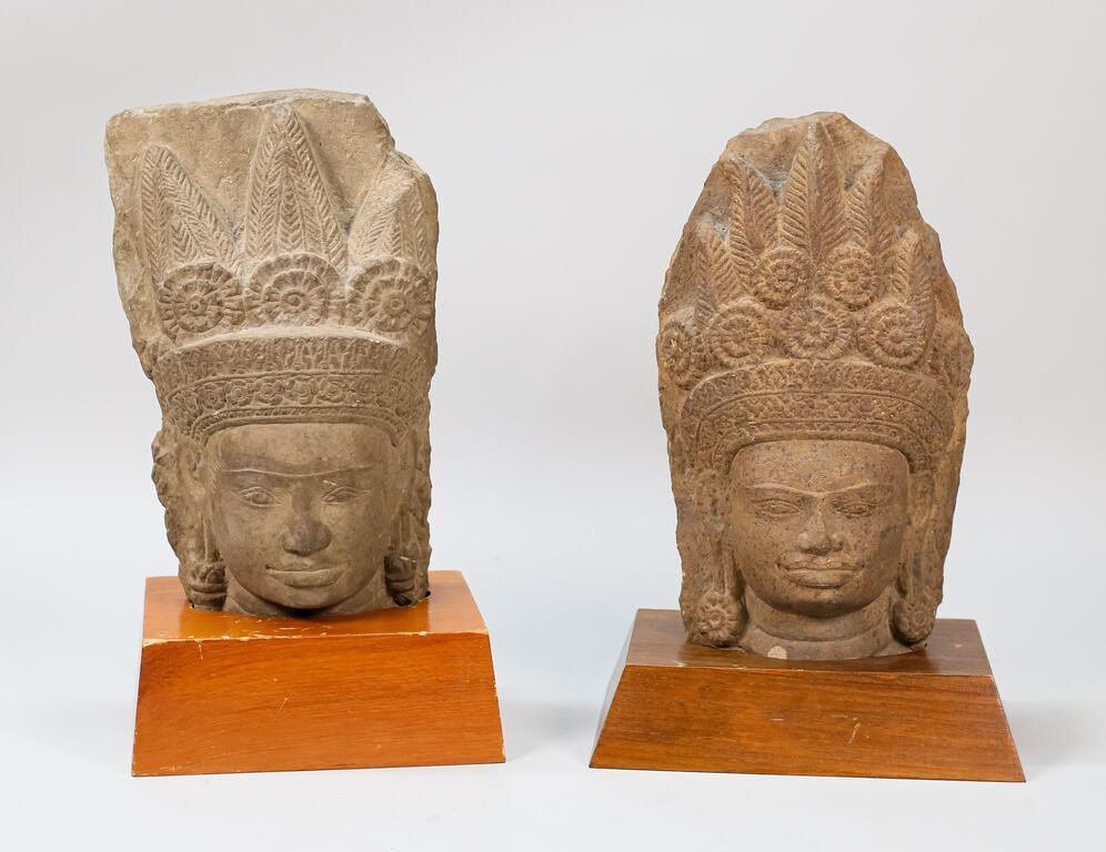 TWO ANGKOR WAT STYLE KHMER CARVED