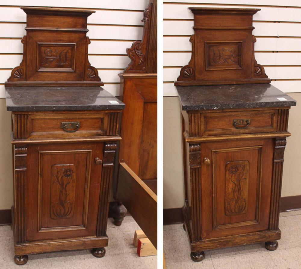 PAIR OF WALNUT MARBLE-TOP CABINET
