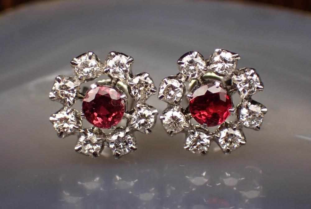 PAIR OF RUBY, DIAMOND AND WHITE