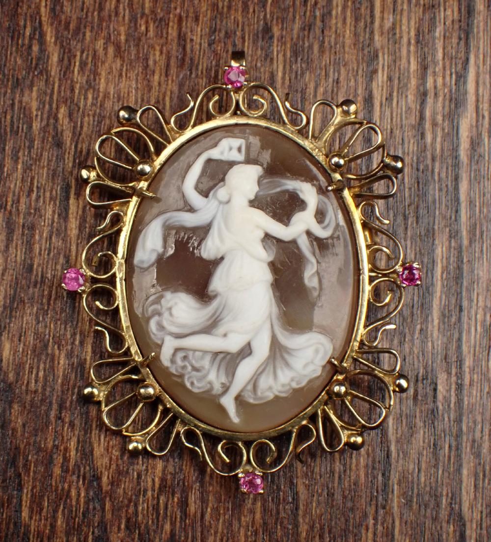 CAMEO, RUBY AND FOURTEEN KARAT GOLD