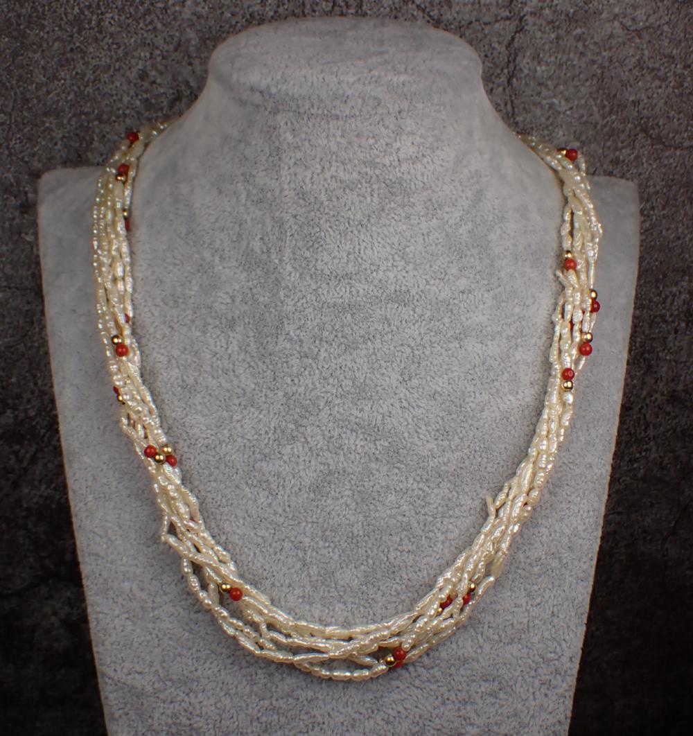 MULTI STRAND PEARL, CORAL AND GOLD