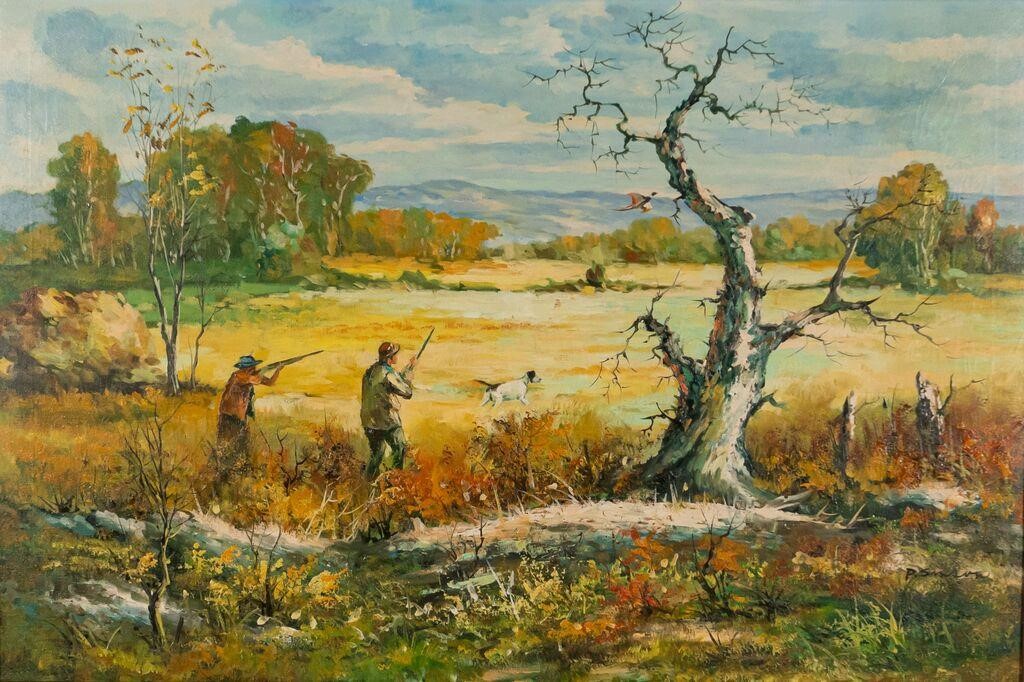 SPORTING ART PAINTING OF PHEASANT HUNTING.Oil