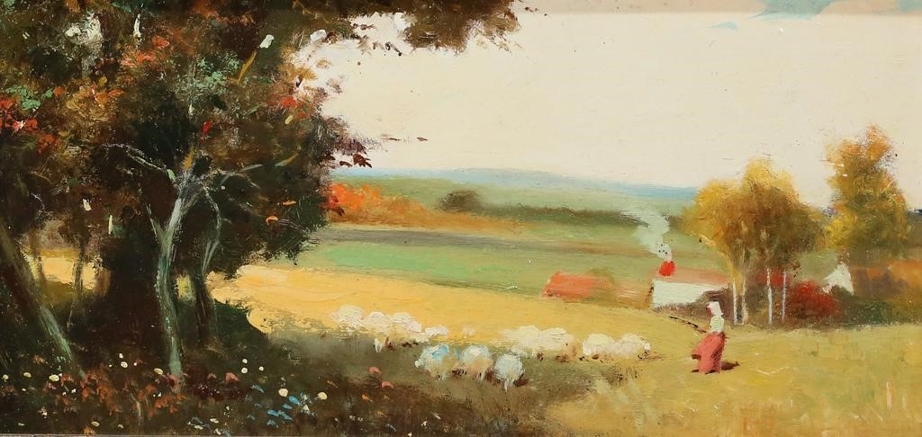 OIL ON CANVAS WOMAN & SHEEP IN