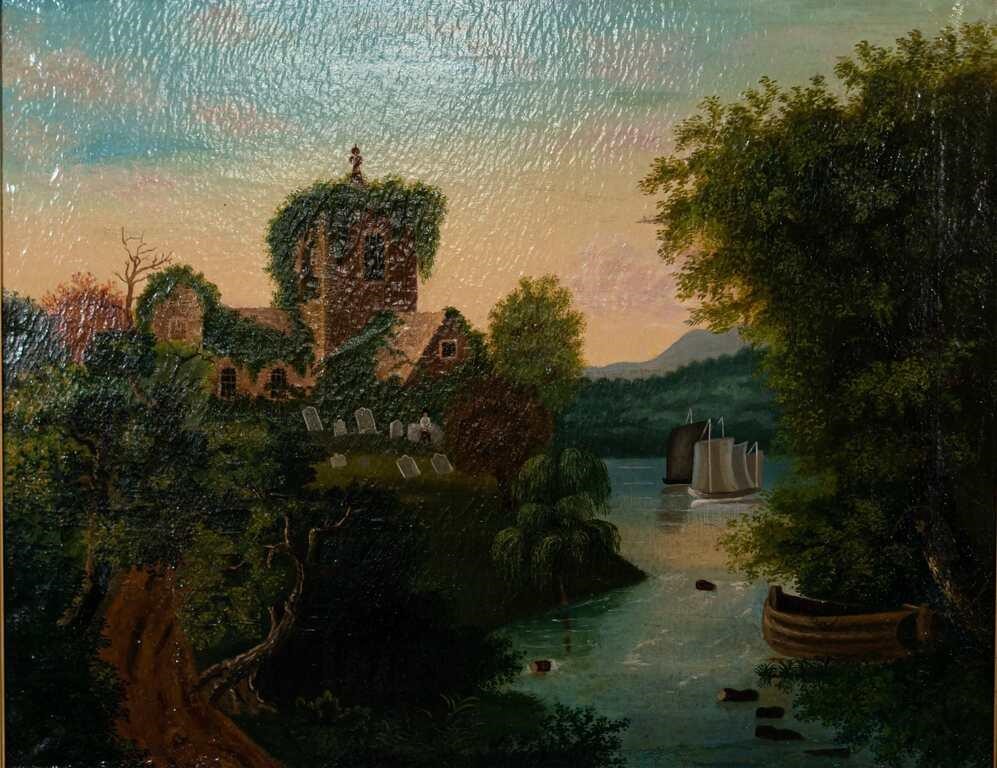 FOLK ART OIL ON CANVAS RIVER LANDSCAPEFolk 342dfa