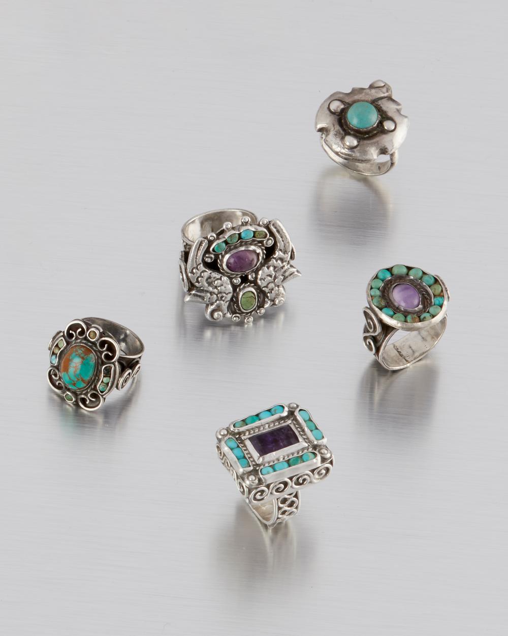 FIVE MATL SILVER AND GEM SET RINGSFive 342eb9