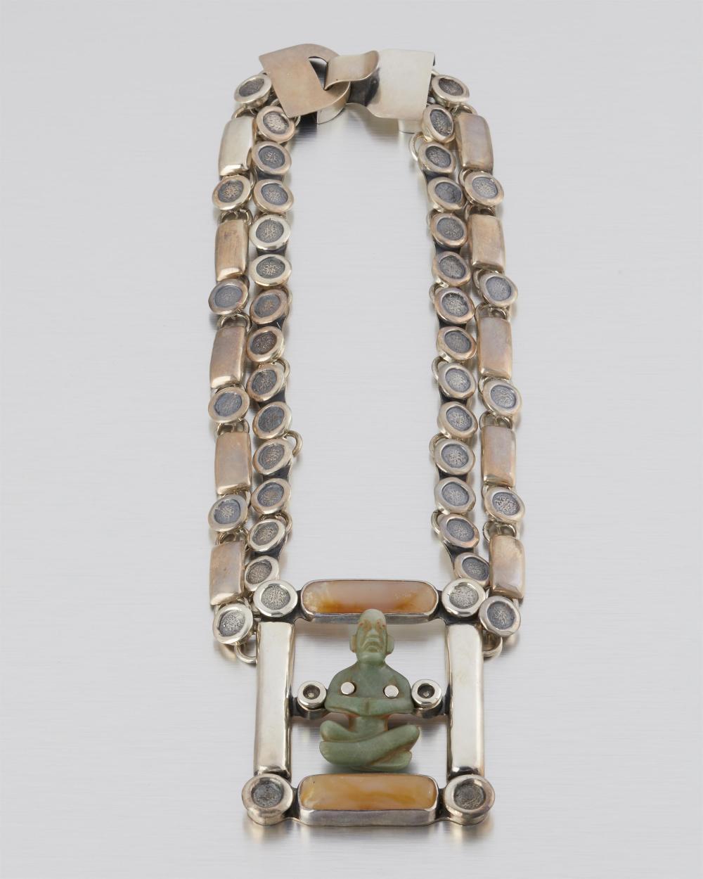 A MEXICAN STERLING SILVER AND HARDSTONE