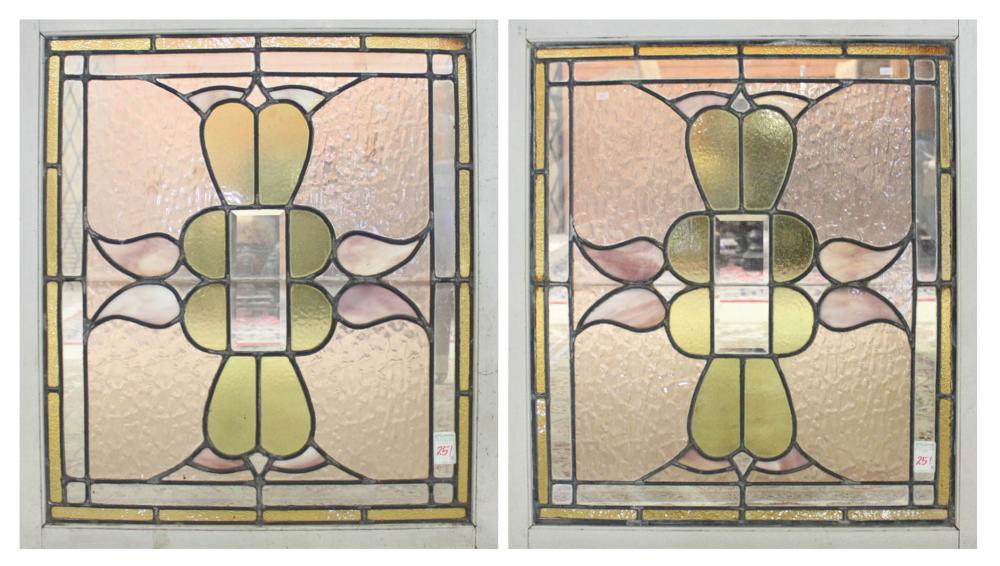 A PAIR OF STAINED AND LEADED GLASS 3409ff