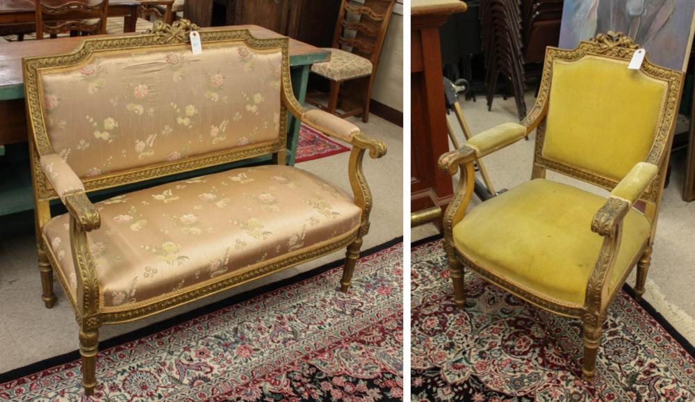 LOUIS XVI STYLE SETTEE AND ARMCHAIR