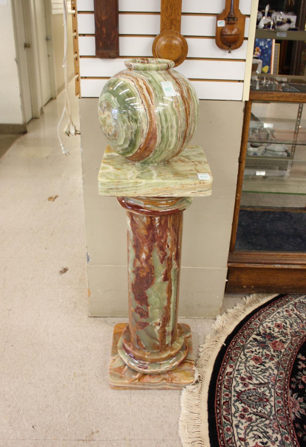 GREEN ONYX FLOOR PEDESTAL AND MATCHING