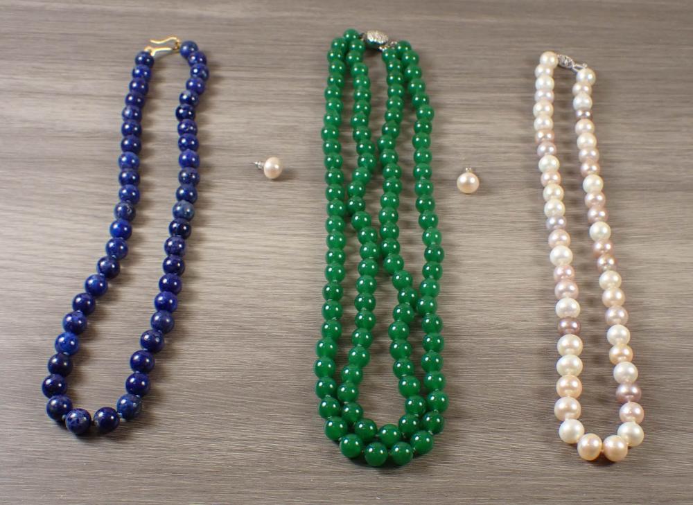 THREE BEAD NECKLACES AND PAIR OF 340b0f