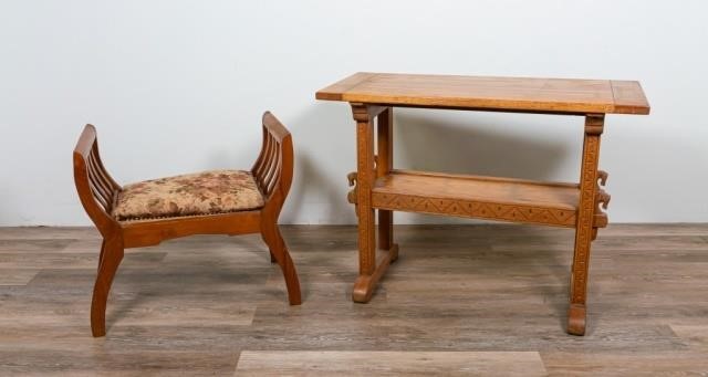 CARVED SIDE TABLE AND CANED BENCH