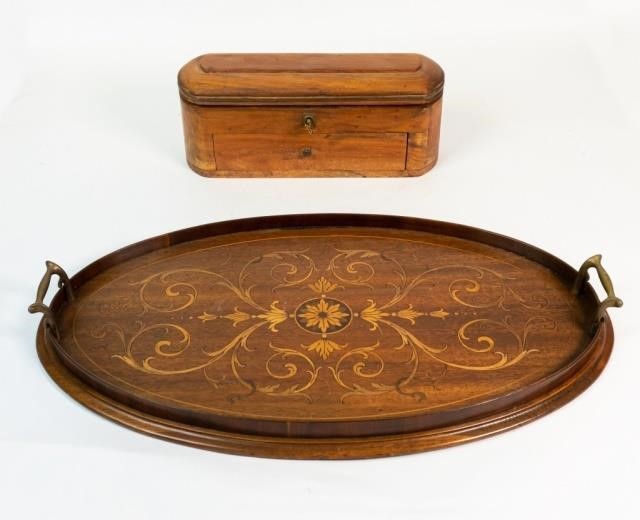 MARQUETRY SERVING TRAY AND WOODEN