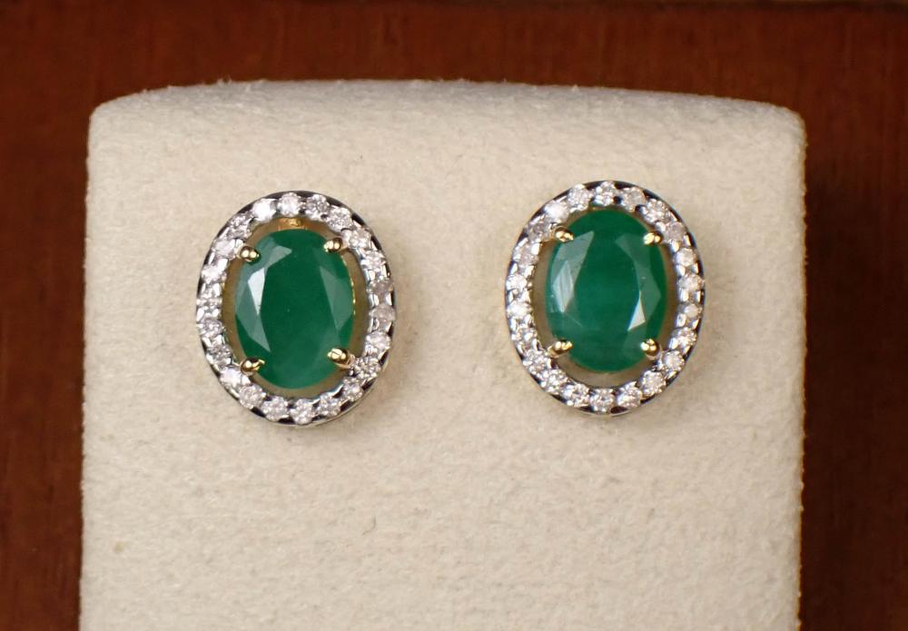 A PAIR OF EMERALD AND DIAMOND OVAL