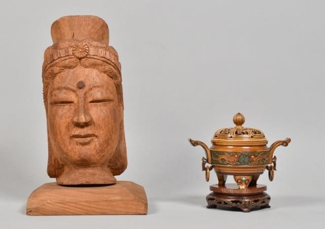 JAPANESE CENSER AND WOODEN HEAD