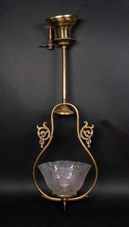 VICTORIAN BRASS LAMP AND ETCHED GLASS