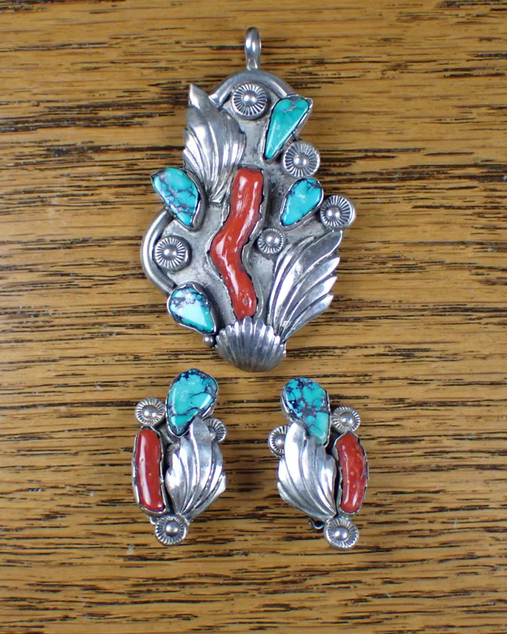 CORAL AND TURQUOISE PENDANT BROOCH 340f69