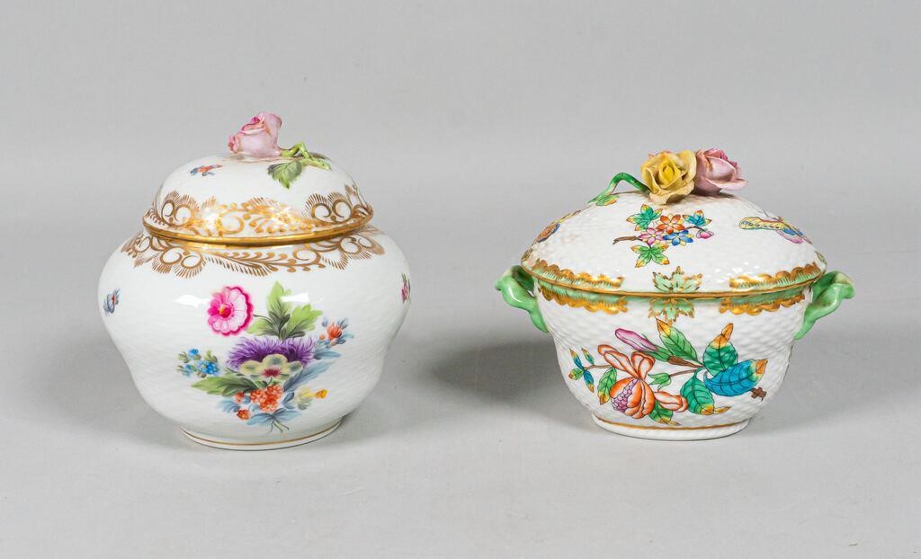 2 HEREND PORCELAIN COVERED JARS2 3410b6