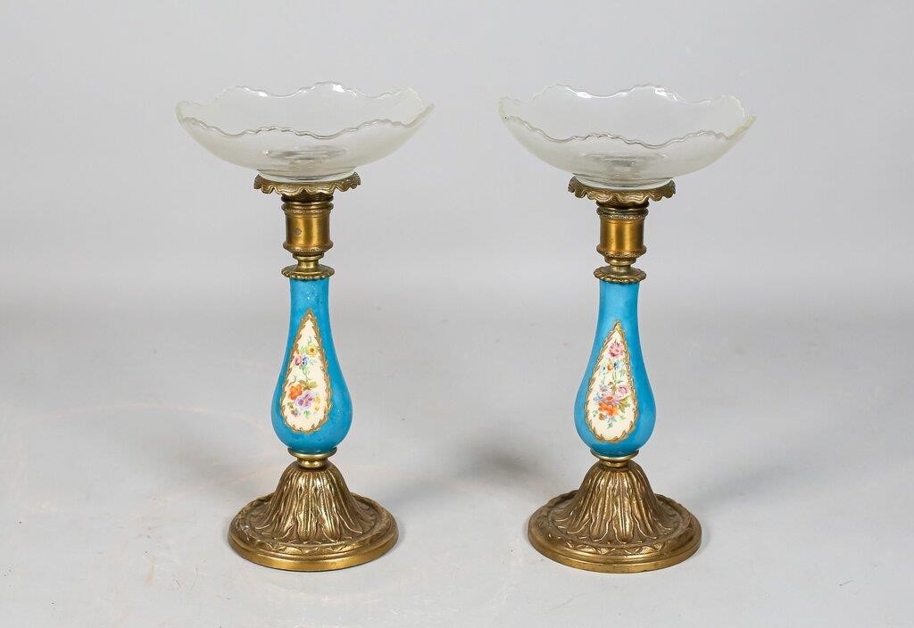 PAIR OF BRONZE AND PORCELAIN CANDLE