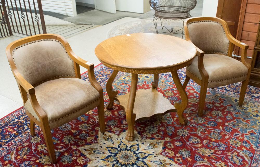 PAIR OAK ARMCHAIRS AND ROUND OAK