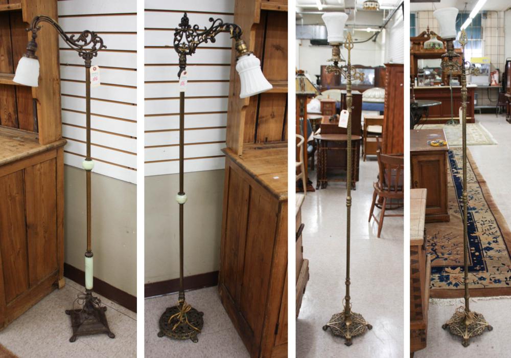 FOUR VINTAGE GILDED IRON FLOOR LAMPSFOUR