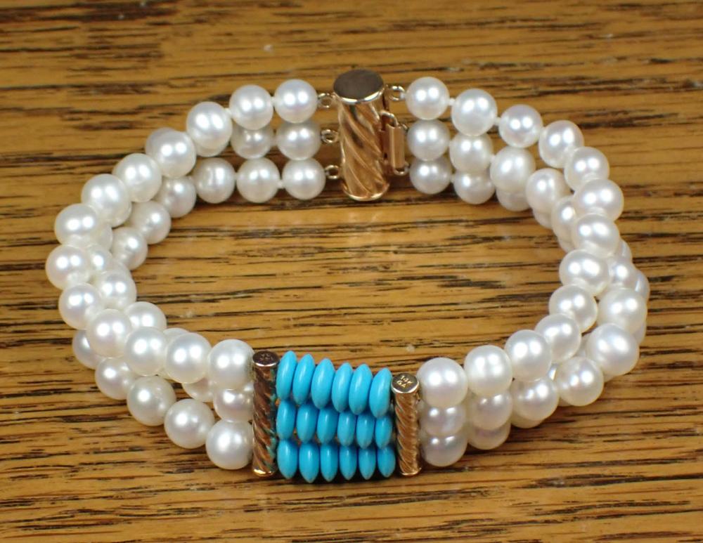 PEARL, TURQUOISE AND FOURTEEN KARAT
