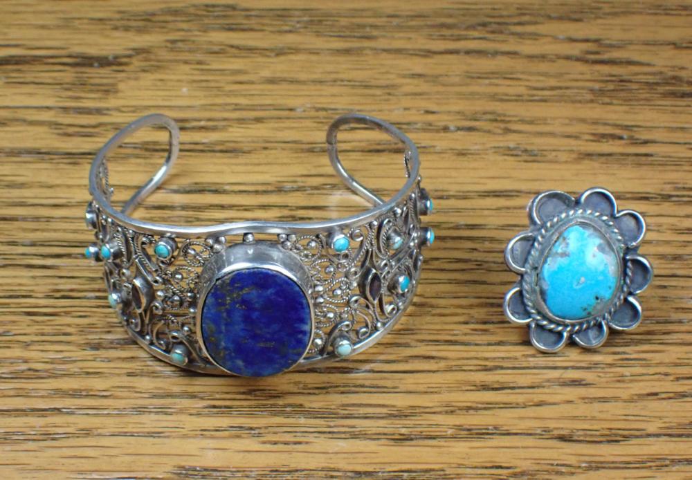 TWO ARTICLES OF TURQUOISE AND SILVER