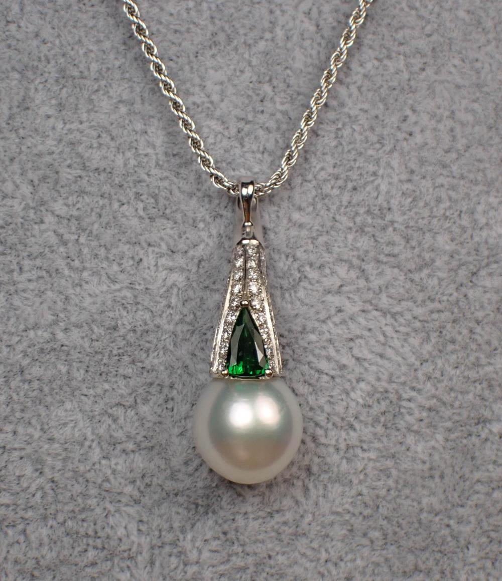 TSAVORITE, DIAMOND AND PEARL PENDANT