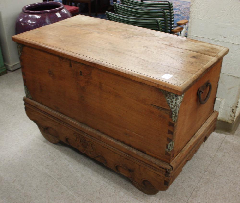 LIFT-TOP TEAK DOWRY CHEST ON WOOD