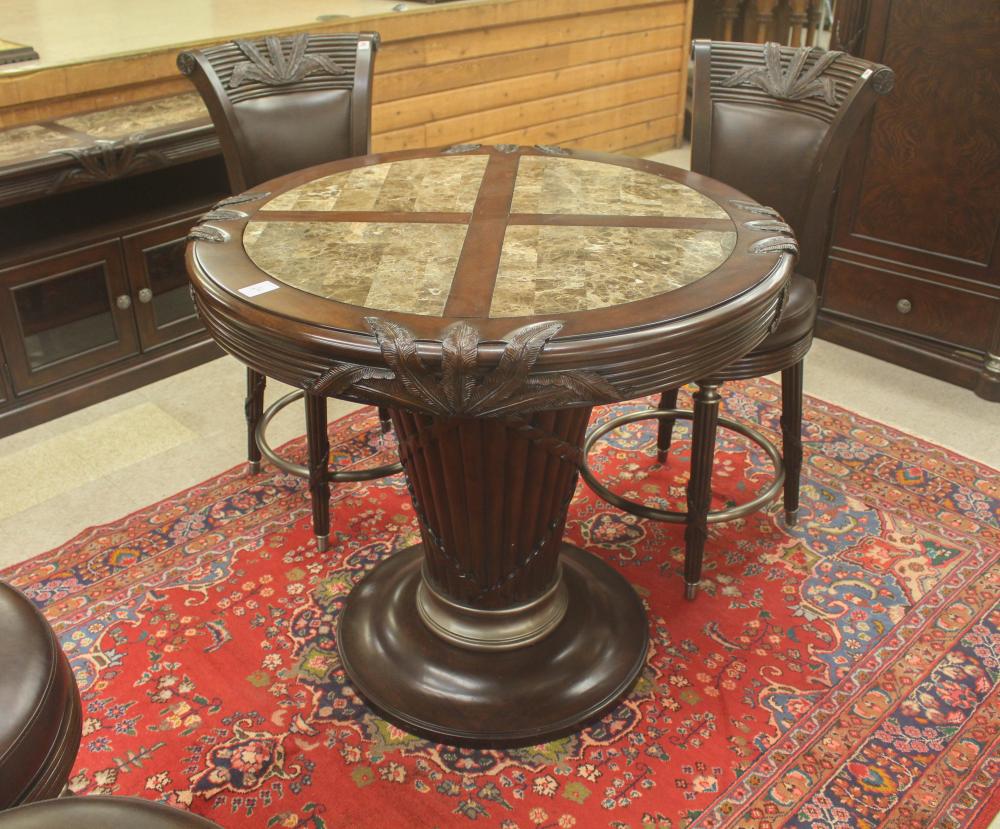 MARBLE-TOP MAHOGANY TABLE AND FOUR