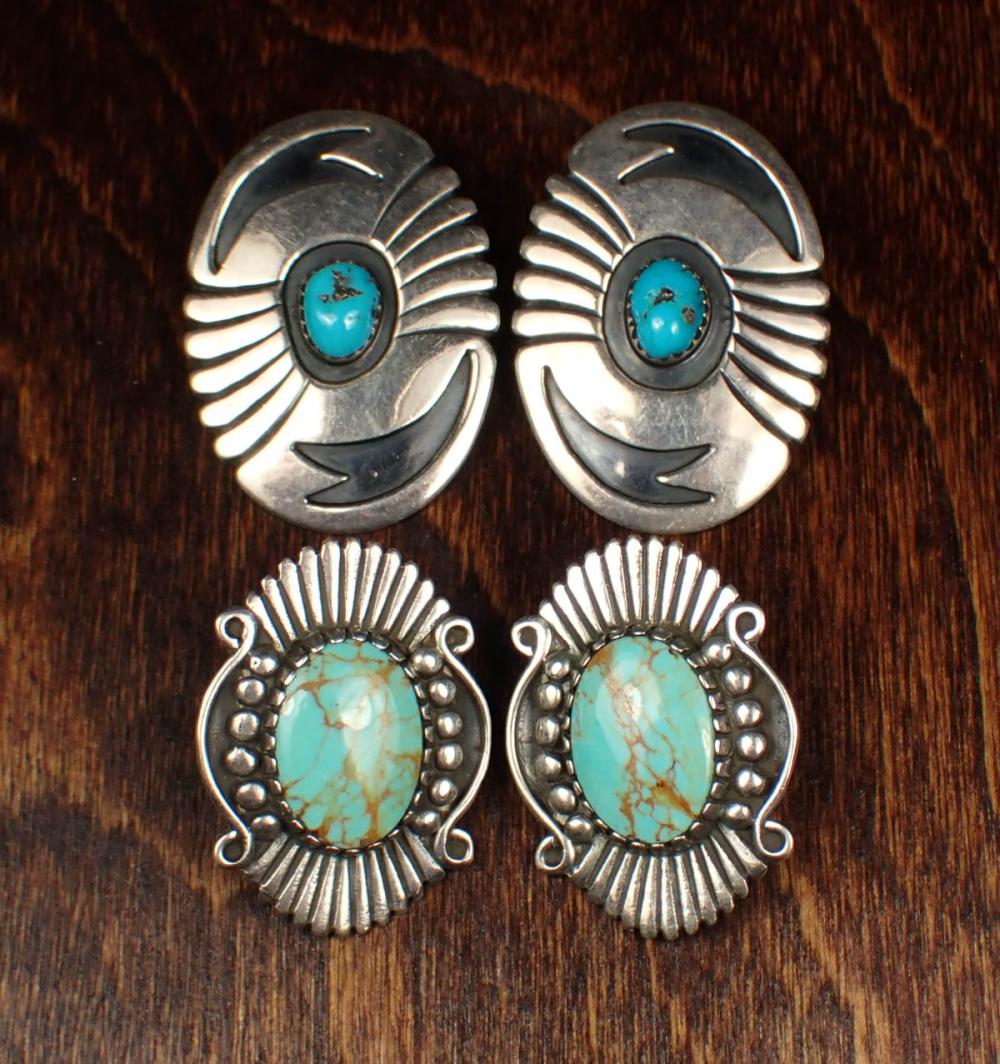 TWO PAIRS OF TURQUOISE AND STERLING